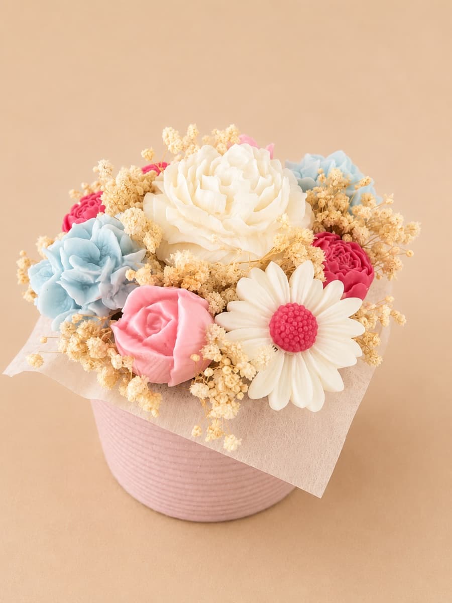 Bouquet en cire rose, bleu et blanc sur pot rose