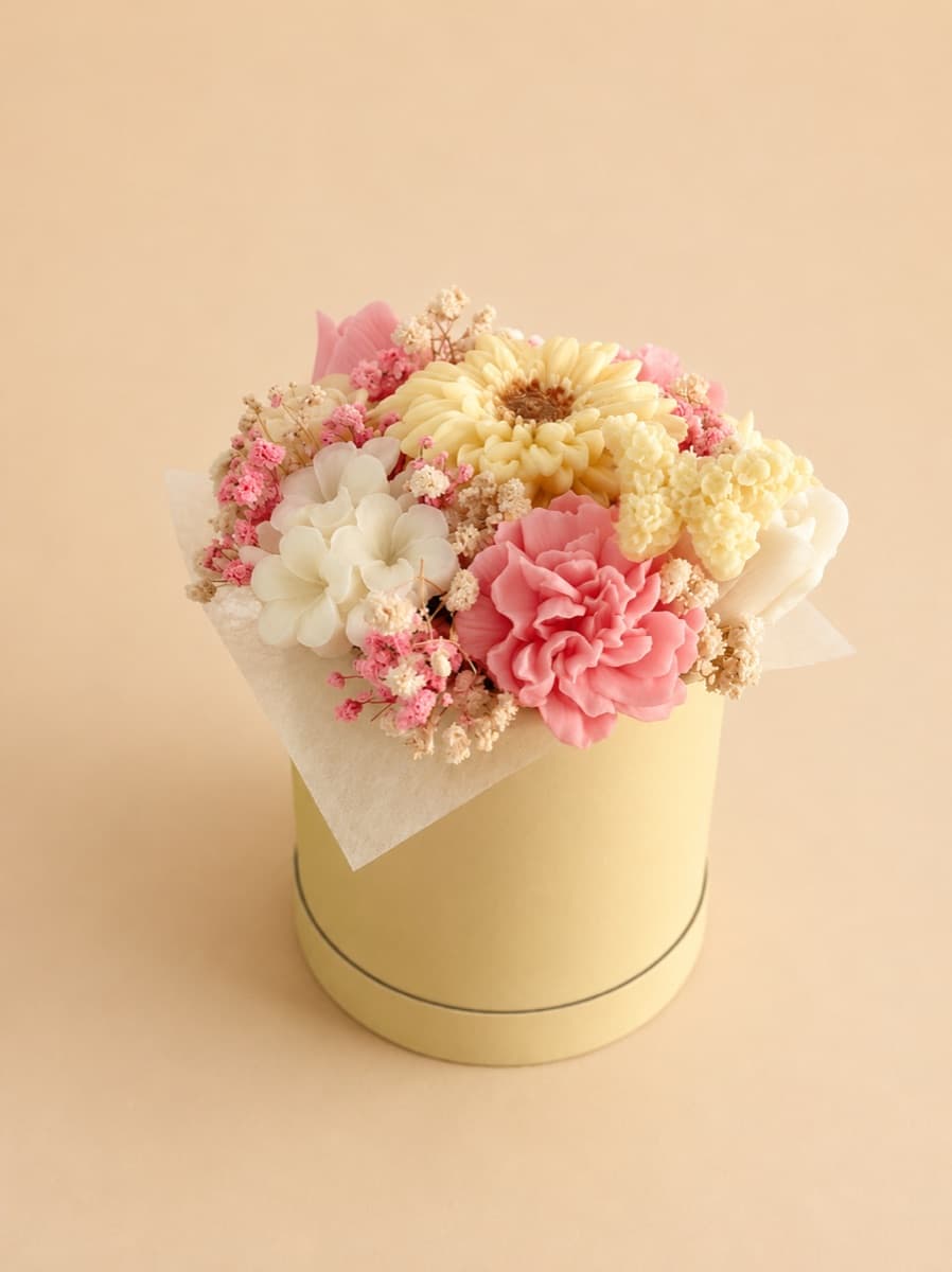 Bouquet en cire rose et crème sur pot jaune